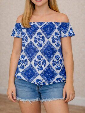 NWT Derek Heart Off-the-Shoulder Top Blue White Size L (14)